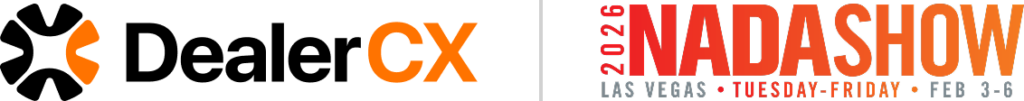 DealerCX logo next to the 2026 NADA Show logo with &ldquo;Las Vegas&rdquo; and dates &ldquo;Feb 3&ndash;6.&rdquo;